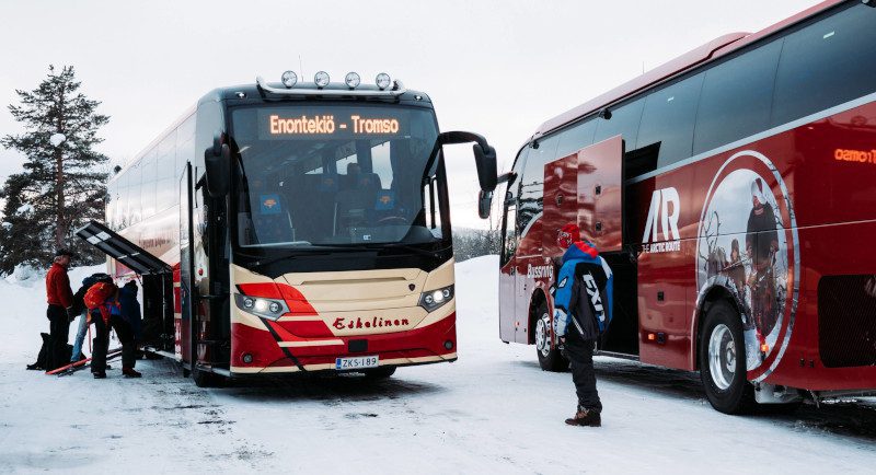 The Arctic Route bus and the Eskelisen bus on the route between Tromsø and Rovaniemi.