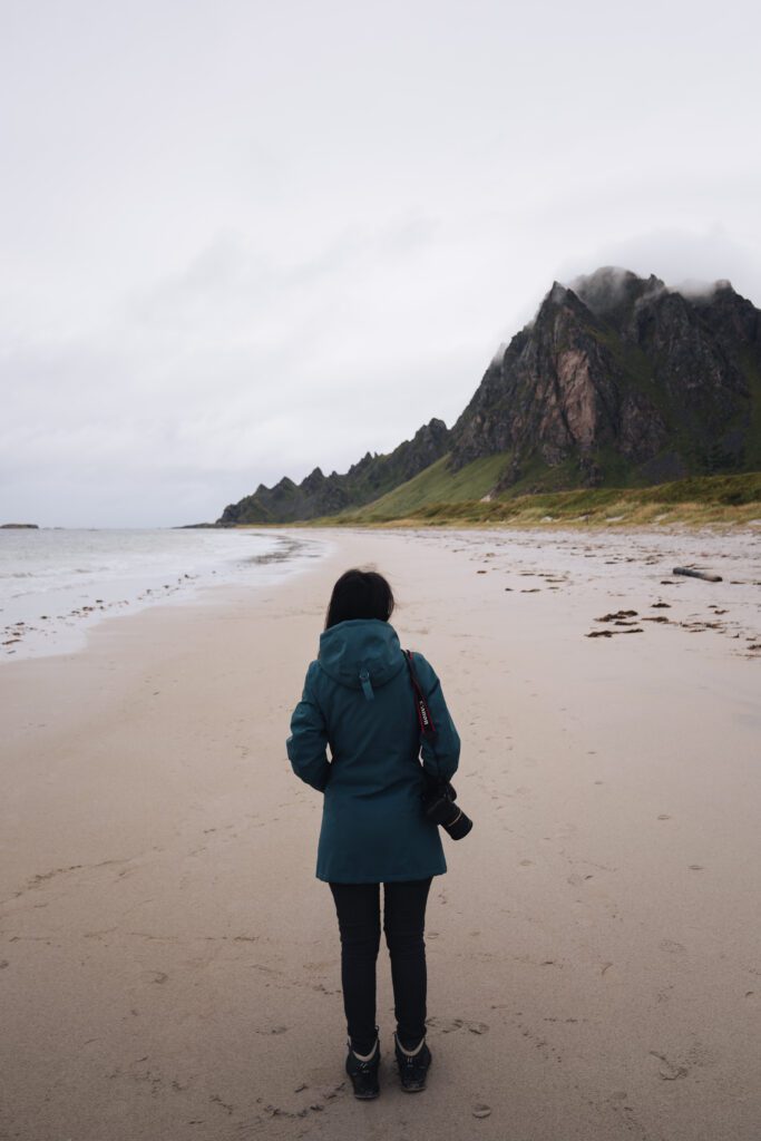 person from the back on the beach looking towards a misty mountain