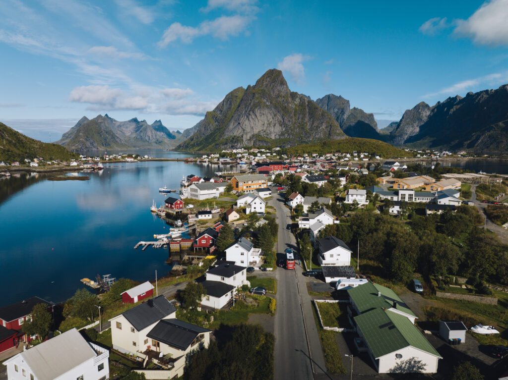 Lofoten village in summer with moutain the background