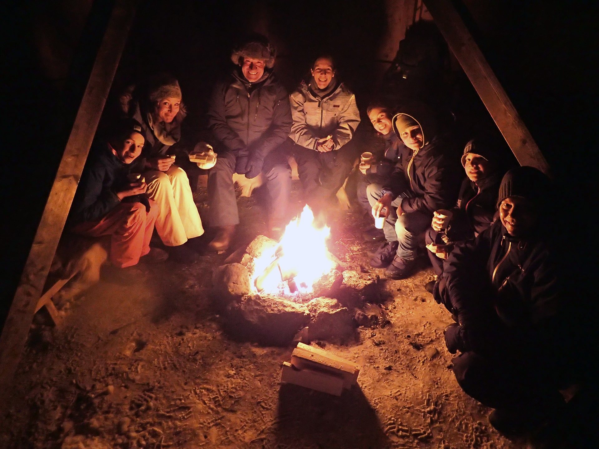 Guided snowshoe trip with a campfire