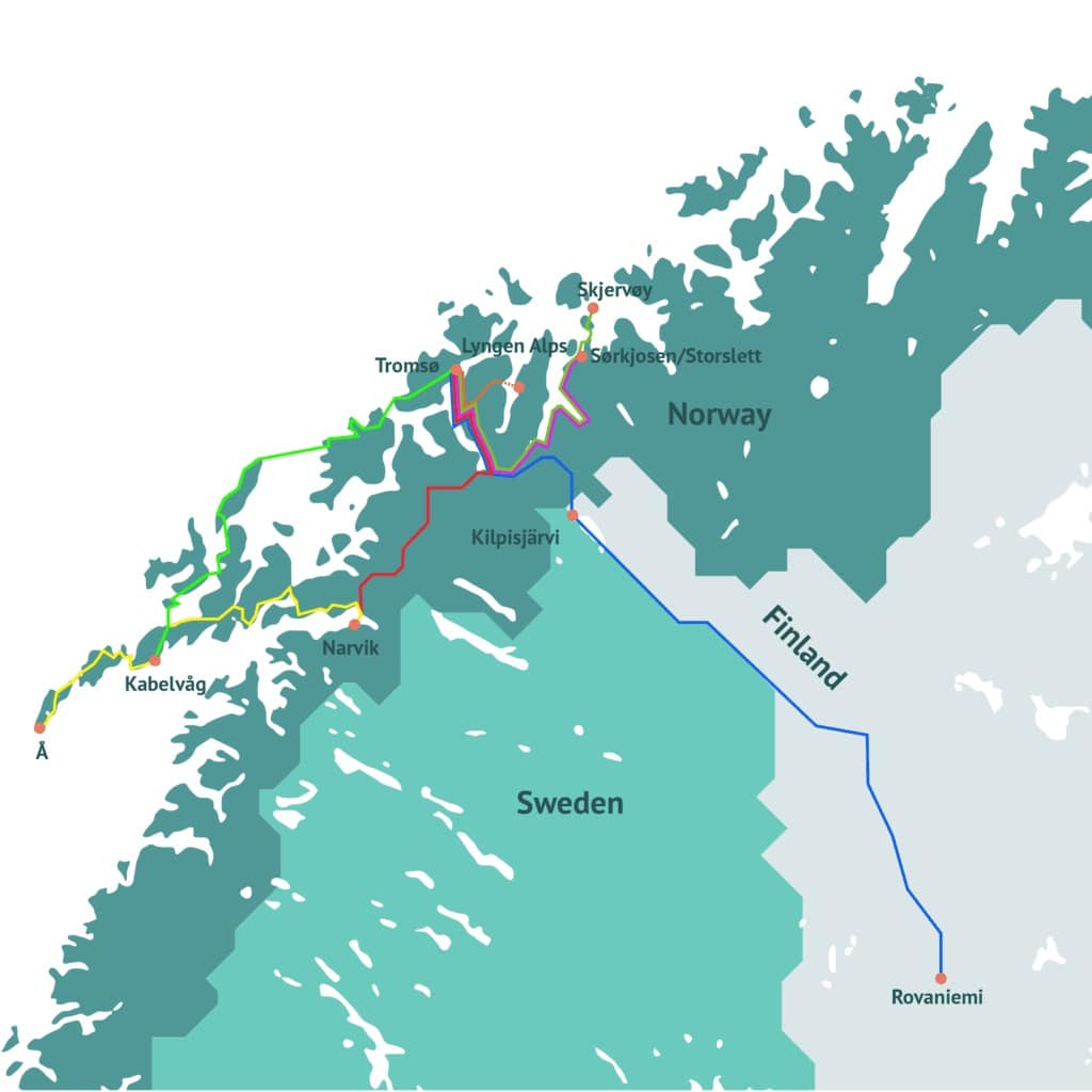 Illustrated map showing Arctic route bus routes from Tromsø to various destinations, each marked in a different colour. The main stops are marked with orange dots.