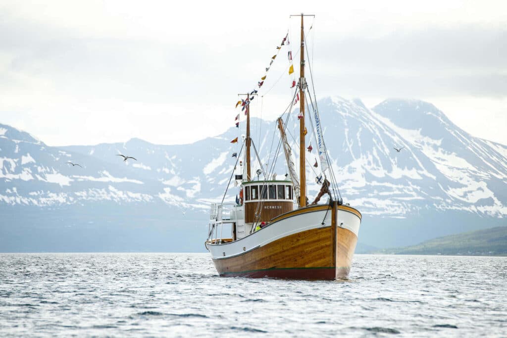 Hölzernes Fischerboot, das über das norwegische Meer fährt, mit schneebedeckten Bergen im Hintergrund