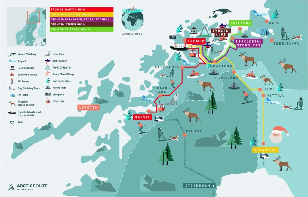 Illustrated map showing Arctic winter bus routes from Tromsø to various destinations, each marked in a different colour. The main stops are marked with orange dots.