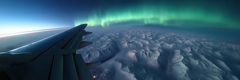 Night view from an airplane window showing the right wing over snowy mountains near Tromsø with green northern lights in the sky