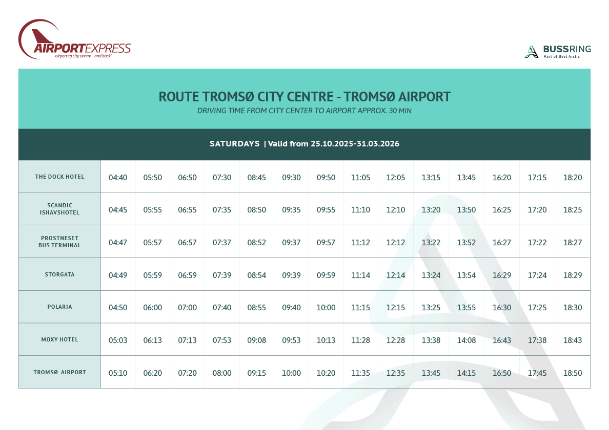 Best Arctic - Airport Express schedules_OCTOBER_2025_EN_city center_ airport_saturday Bus schedule for Tromsø Airport Express showing Saturday departure times from Tromsø city center to Tromsø Airport, valid from October 25, 2025, to March 31, 2026.