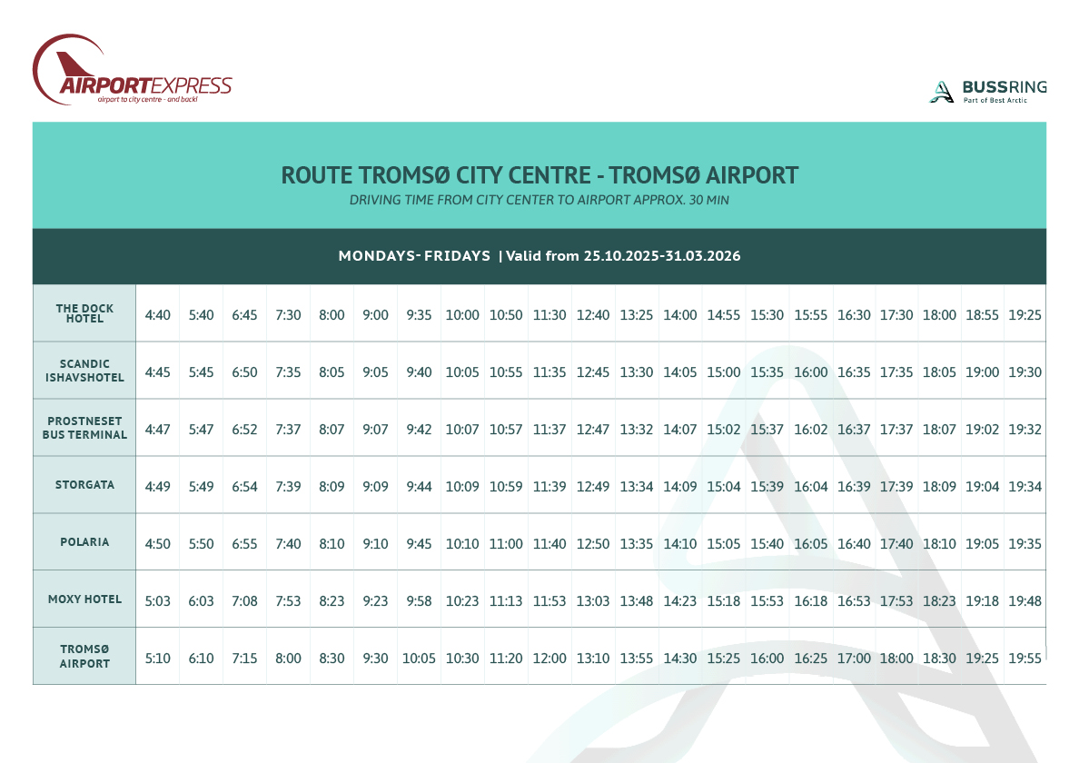Best Arctic - Airport Express schedules_OCTOBER_2025_EN_city center_airport_mondays to fridays Bus schedule for Tromsø Airport Express showing Weekdays departure times from Tromsø city center to Tromsø Airport, valid from October 25, 2025, to March 31, 2026.