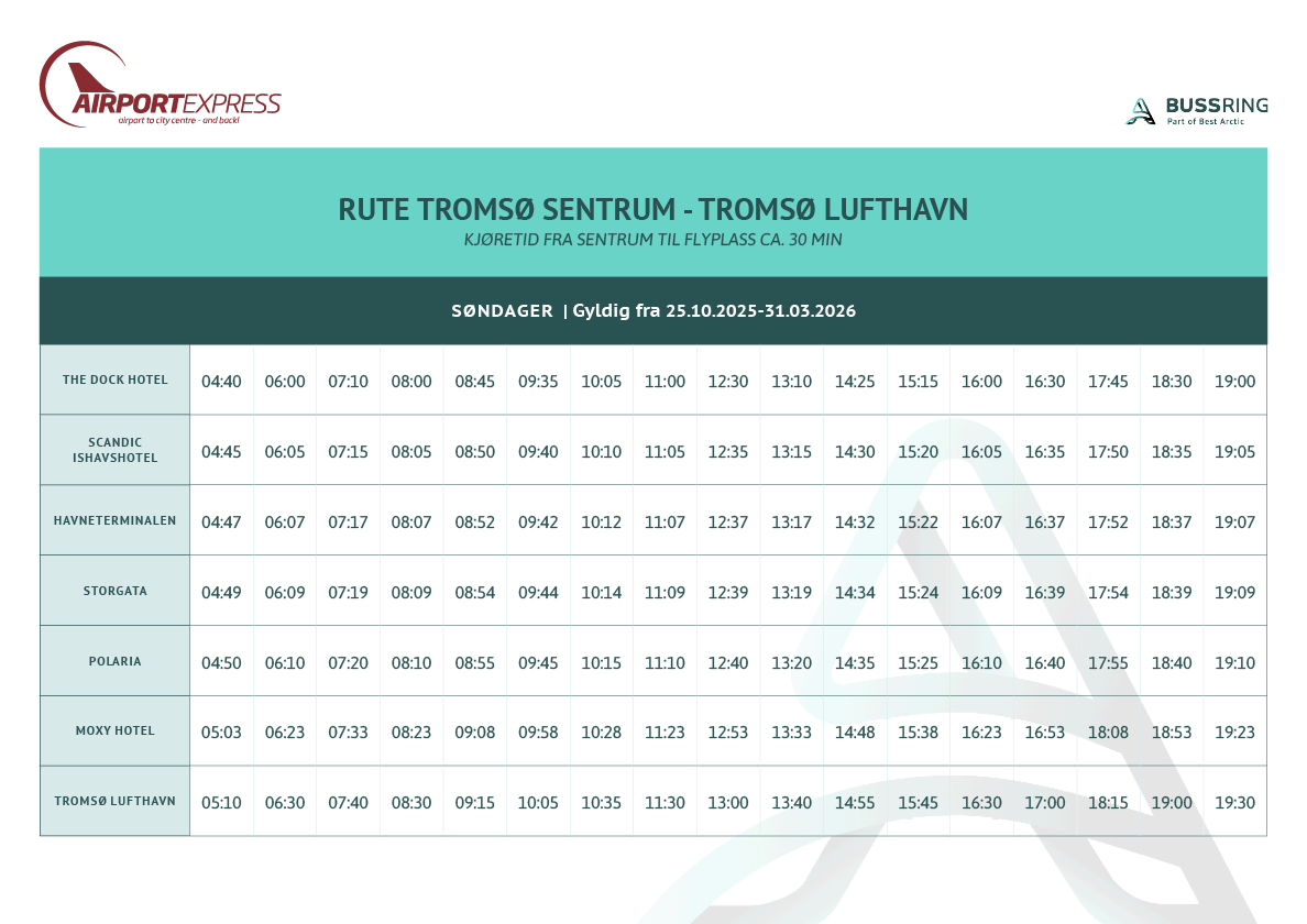 Best Arctic - Airport Express schedules_OCTOBER_2025_NR3_sentrum_lufthavn_søndager