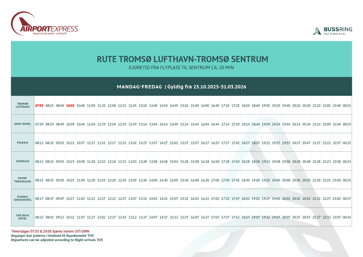 Best Arctic - Airport Express schedules_OCTOBER_2025_NR4_lufthavn_sentrum_mandag til fredag