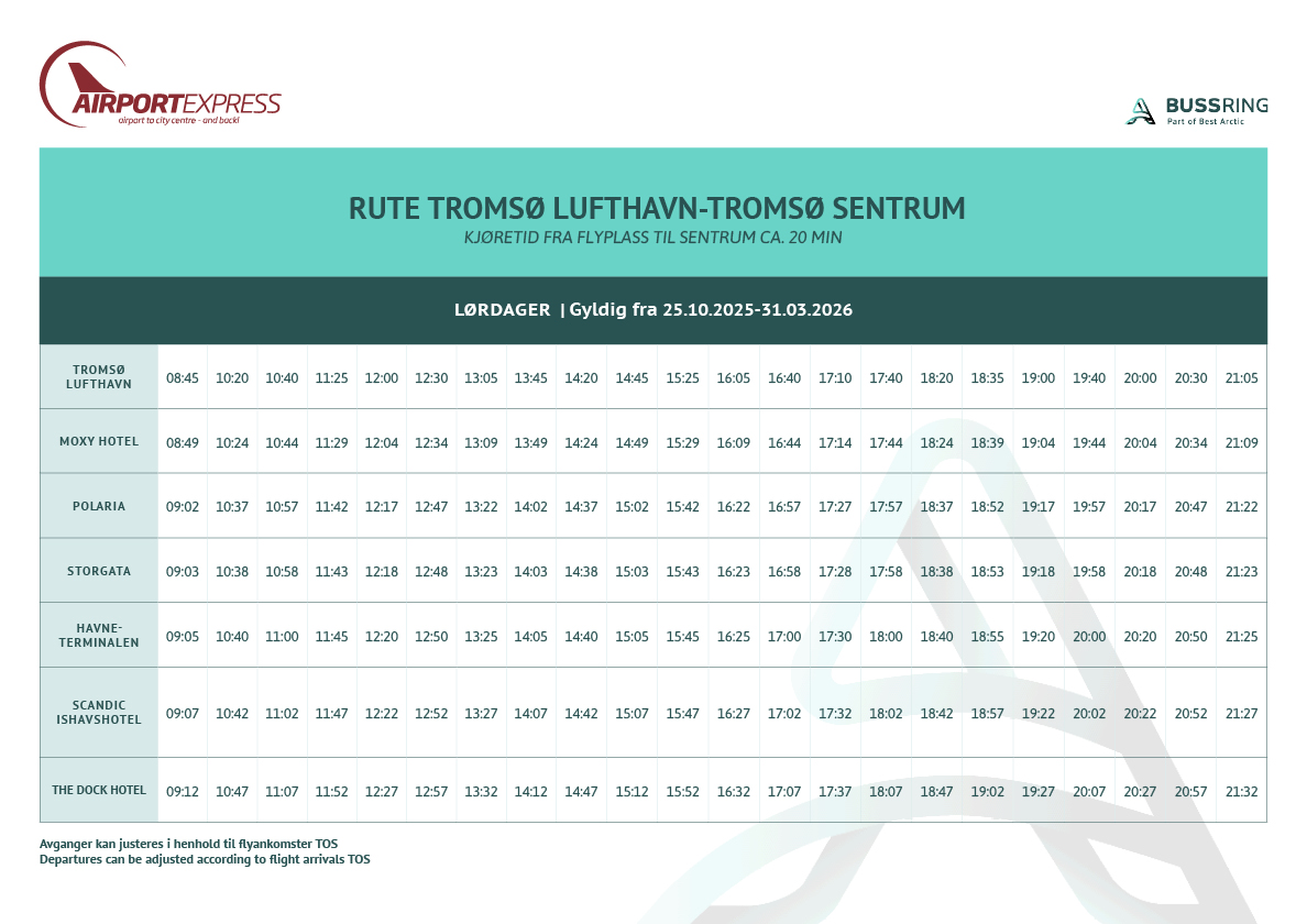 Best Arctic - Airport Express schedules_OCTOBER_2025_NR5_lufthavn_sentrum_lørdager