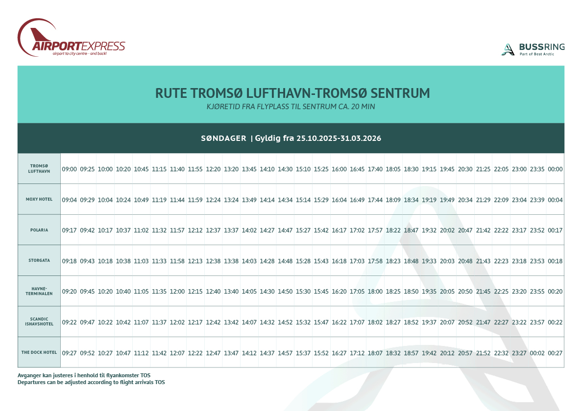 Best Arctic - Airport Express schedules_OCTOBER_2025_NR6__lufthavn_sentrum_søndager