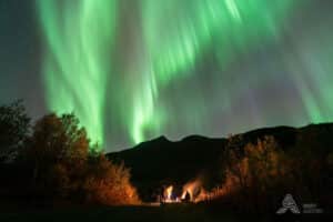 People sitting around a campfire under the northern lights in a forested mountain landscape