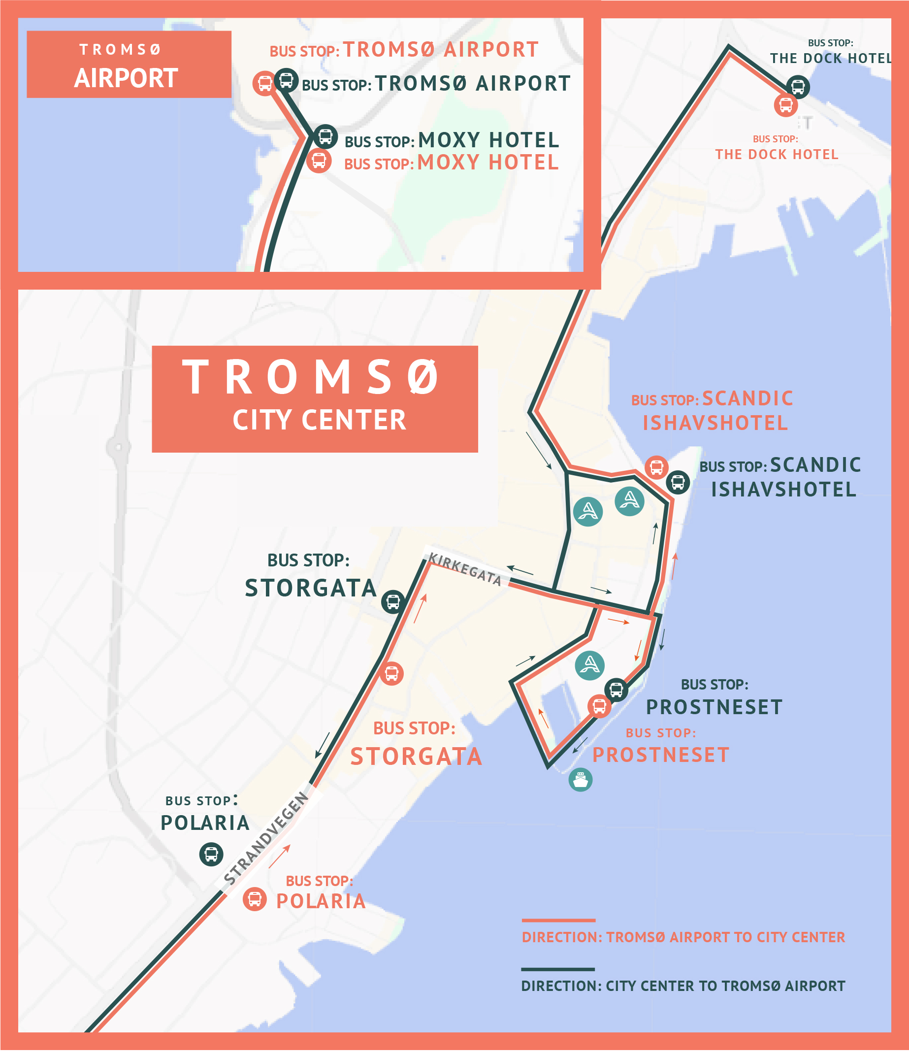 Tromsø Airport Express Bus Route Map Map showing the Tromsø Airport Express Bus route between Tromsø Airport and Tromsø city center, with main bus stops highlighted.