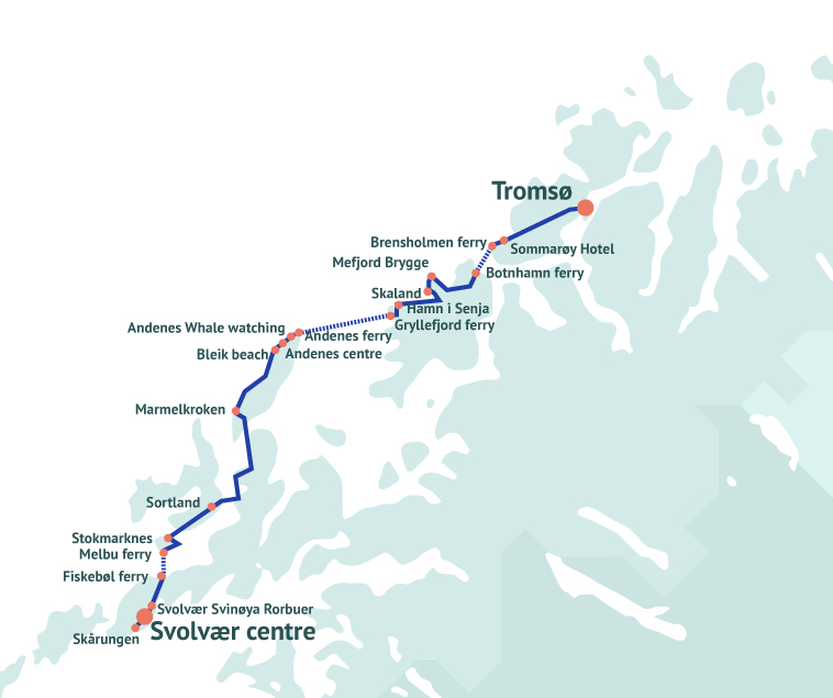 Illustrated map showing the bus route from Tromsø to Svolvær with a blue route line, orange dots marking each stop, and green labels identifying the towns and landmarks along the way.