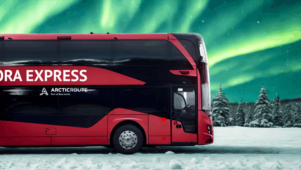 Illustration of the Aurora Express double-deck bus on a snowy road with a snowy forest and green northern lights in the sky.