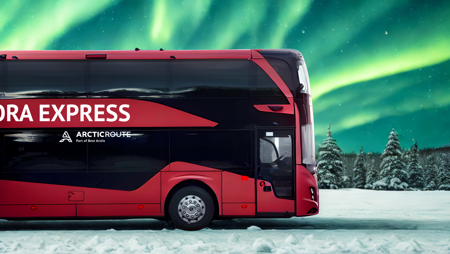 Illustration of the Aurora Express double-deck bus on a snowy road with a snowy forest and green northern lights in the sky.