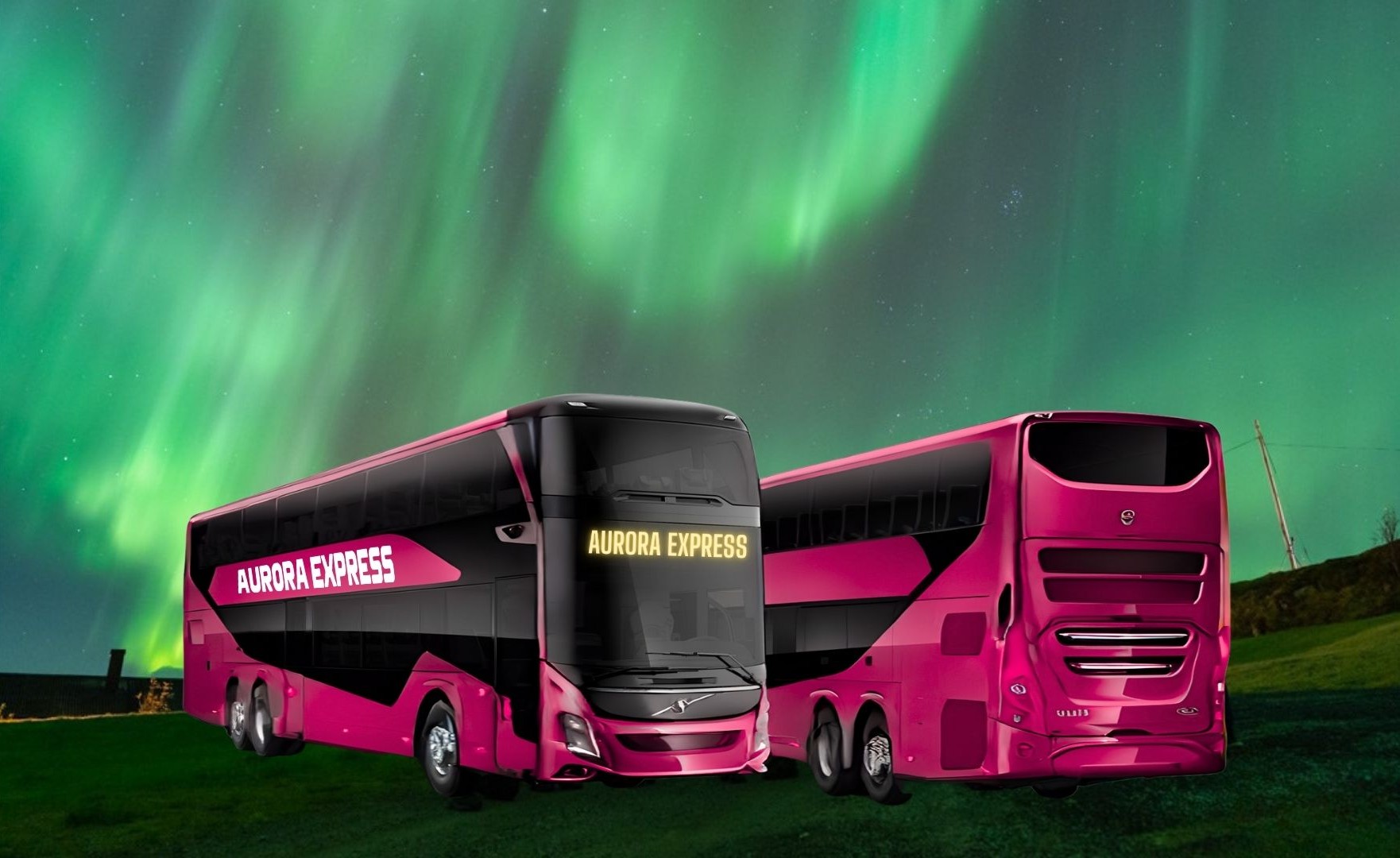 Illustration of two Aurora Express double-deck buses, one facing forward and one facing backward, with green northern lights glowing in the sky.