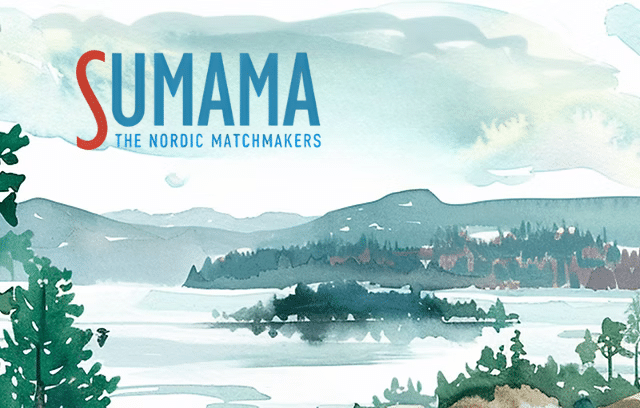 Sumama - the Nordic matchmakers logo over illustrated Nordic landscape with lakes and mountains