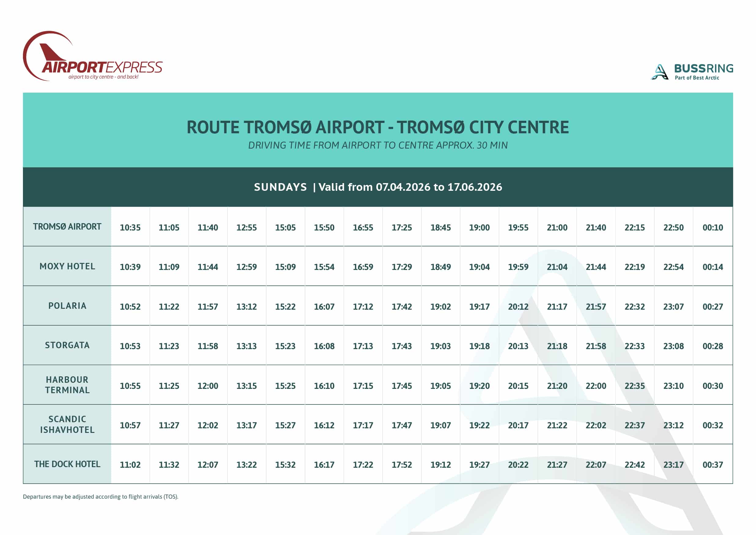 Bus schedule for Tromsø Airport Express showing Sunday departure times from Tromsø Airport (TOS) to Tromsø city center, valid from April 7, 2026, to June 17, 2026.