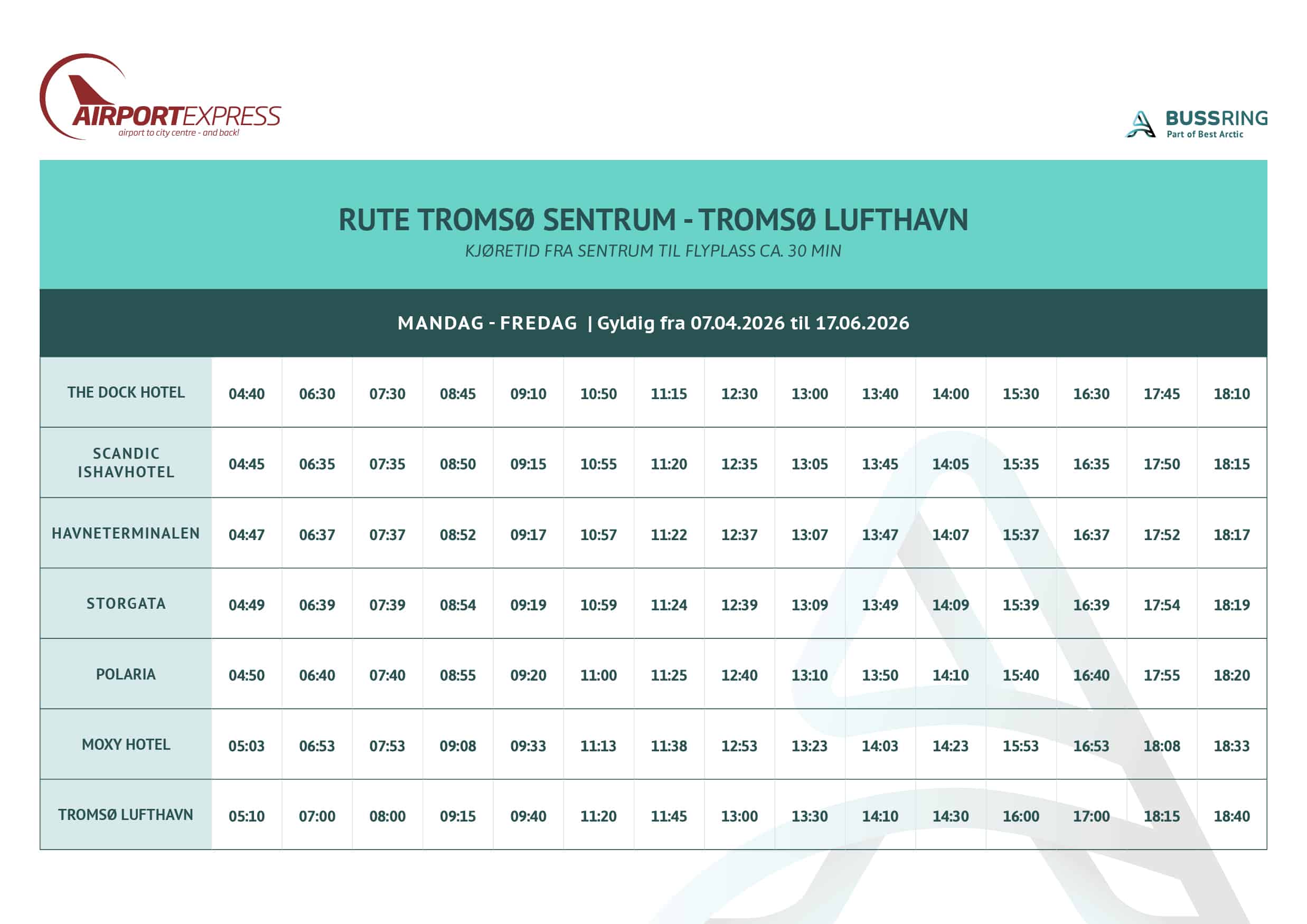 Bus schedule for Tromsø Airport Express showing weekdays departure times from Tromsø city center to Tromsø Airport, valid from April 7, 2026, to June 17, 2026.