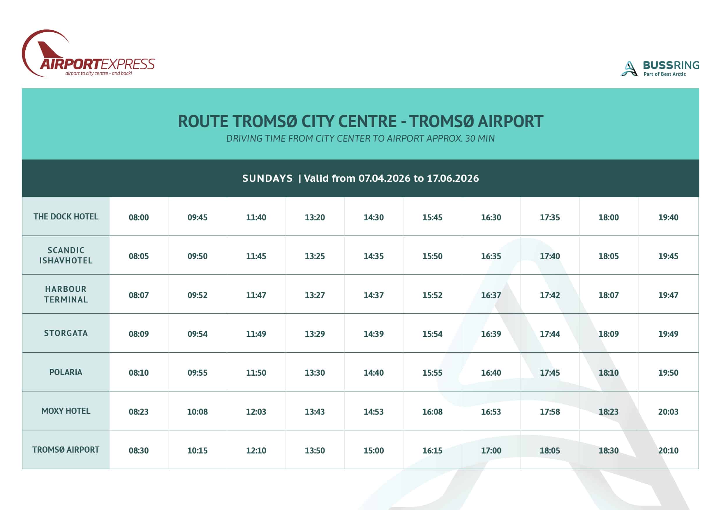 Bus schedule for Tromsø Airport Express showing Sunday departure times from Tromsø city center to Tromsø Airport, valid from April 7, 2026, to June 17, 2026.