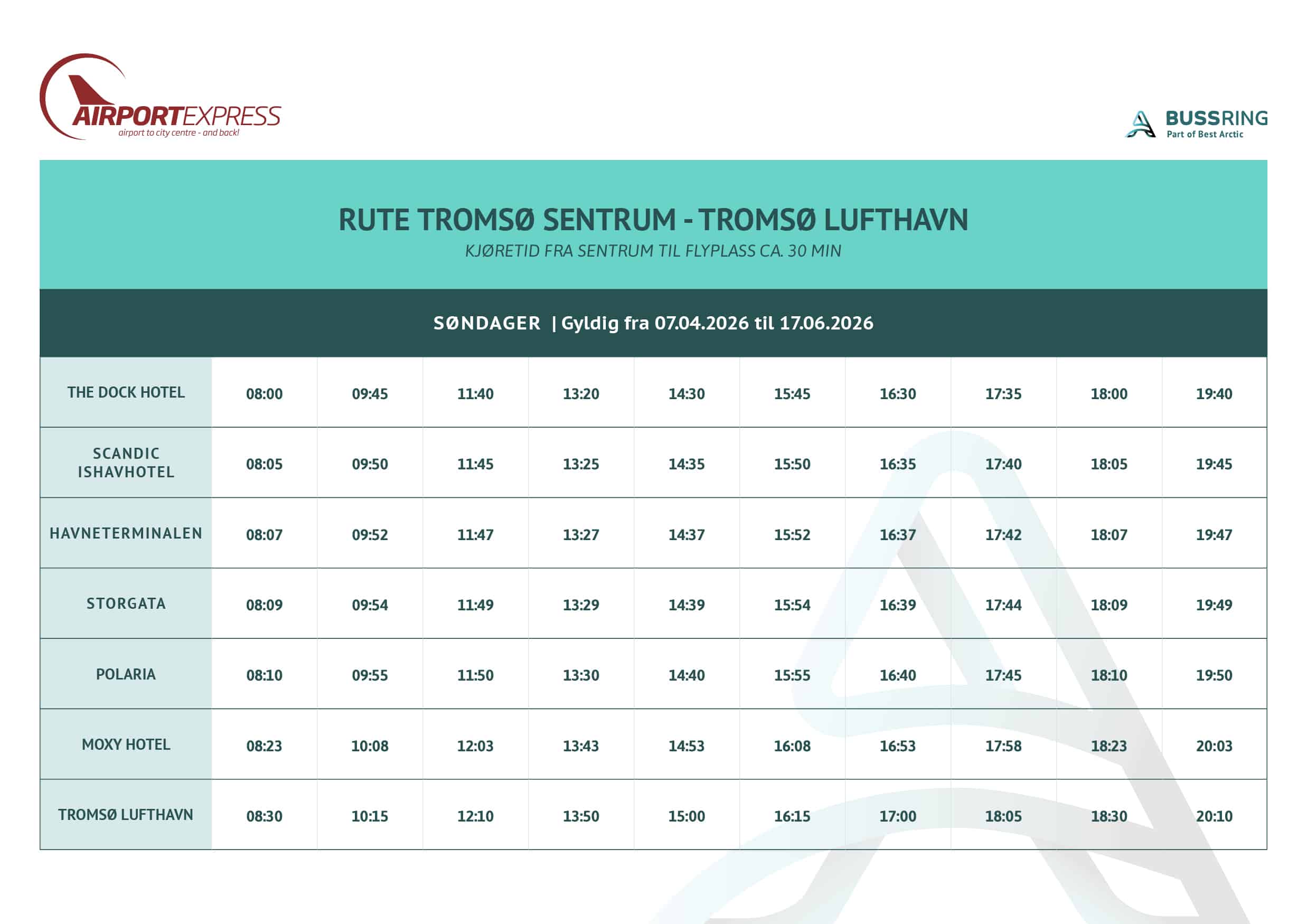 Bus schedule for Tromsø Airport Express showing Sunday departure times from Tromsø city center to Tromsø Airport, valid from April 7, 2026, to June 17, 2026.