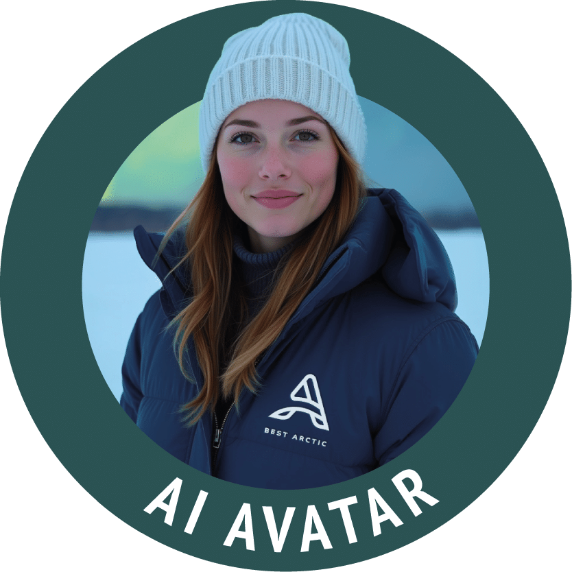 Portrait of Maria, a virtual assistant, surrounded by a green circle labeled “AI AVATAR” against a blurred background.