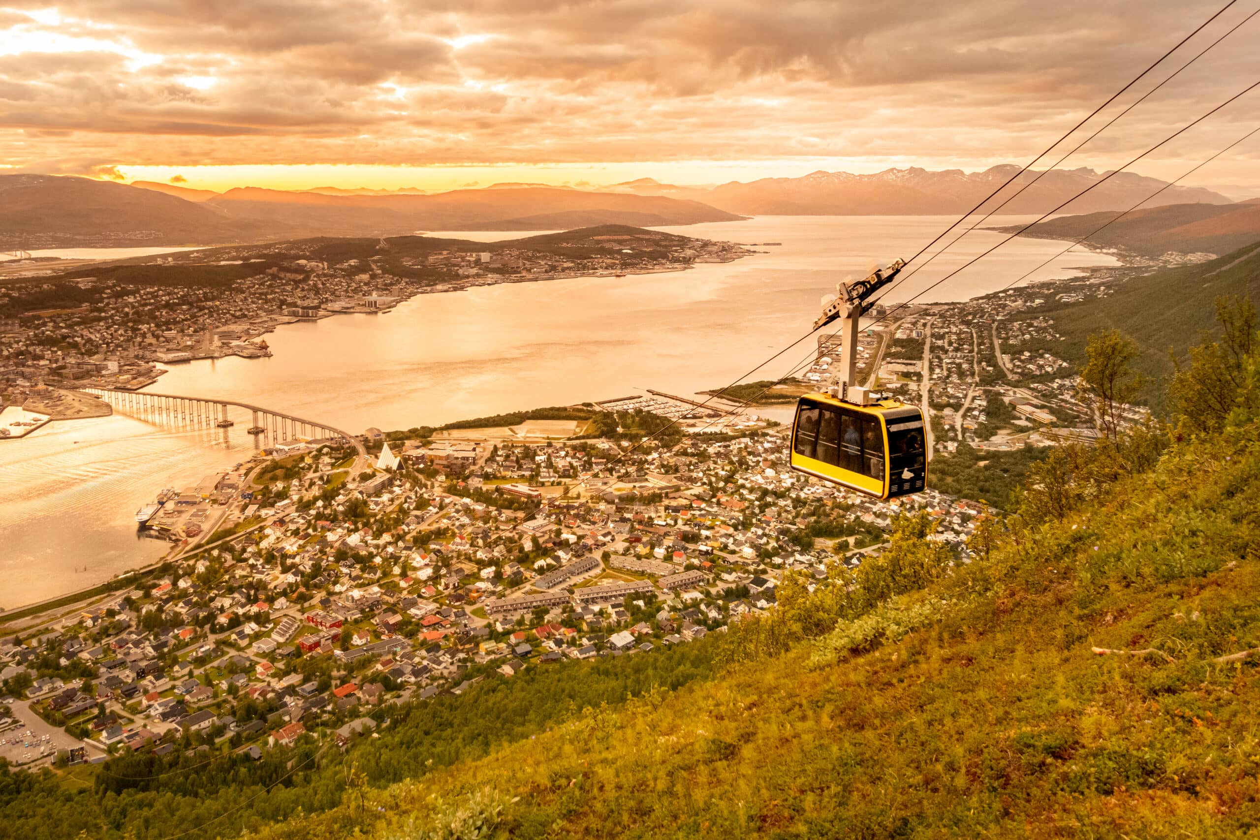 A view of Tromsø and the fjord from the cable car in summer.