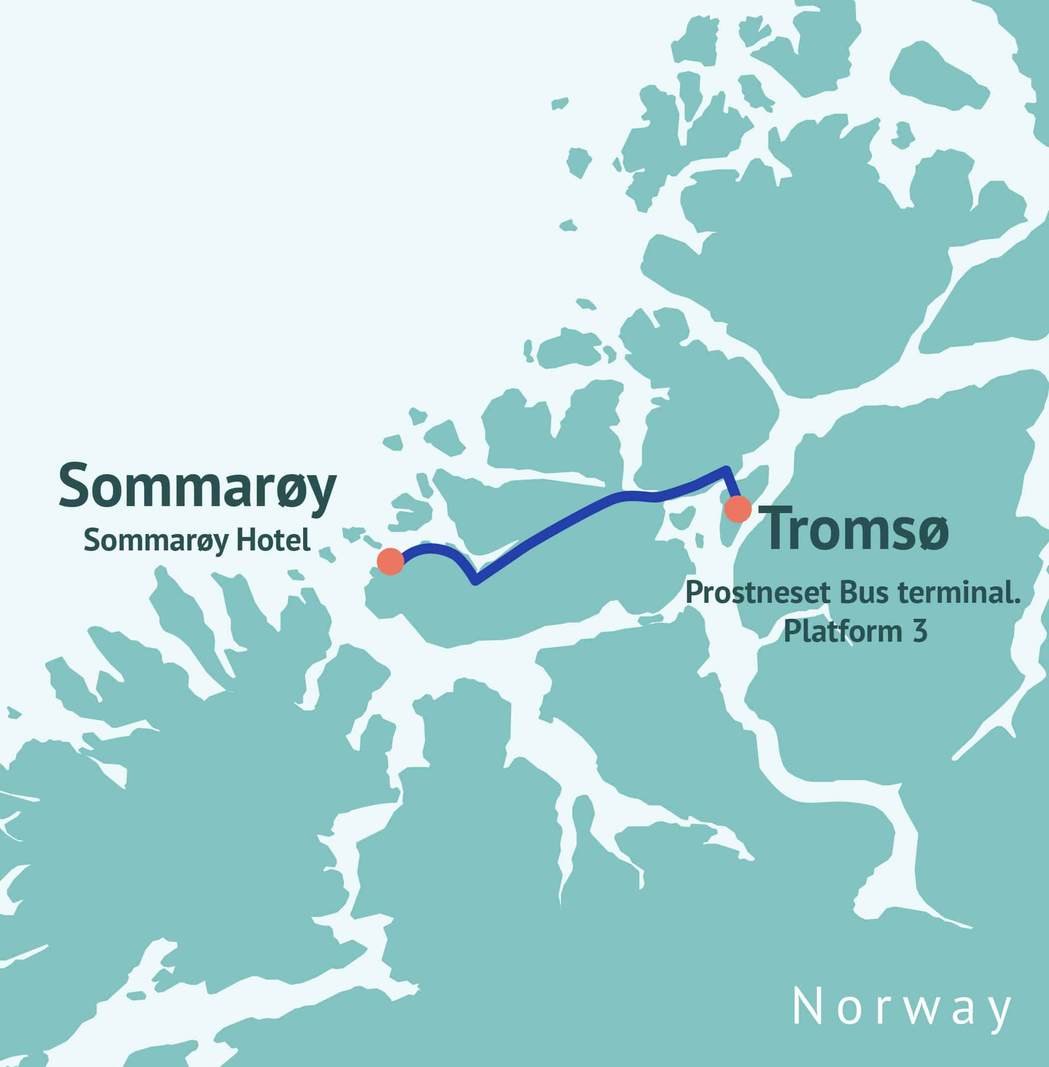 Map showing bus route from Tromsø to Sommarøy with name of the stops marked