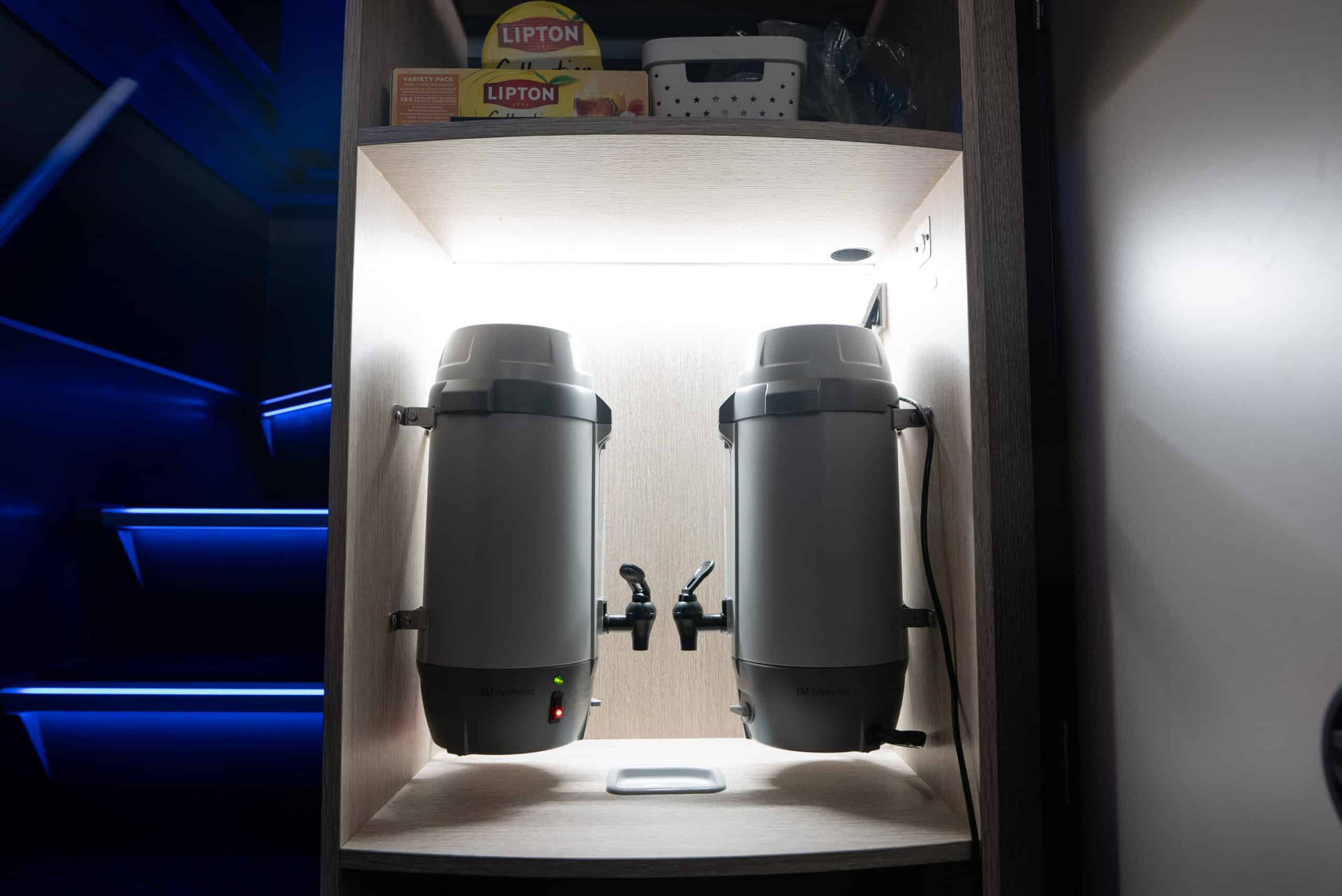 Hot and cold drinks facilities on board the Aurora Express bus