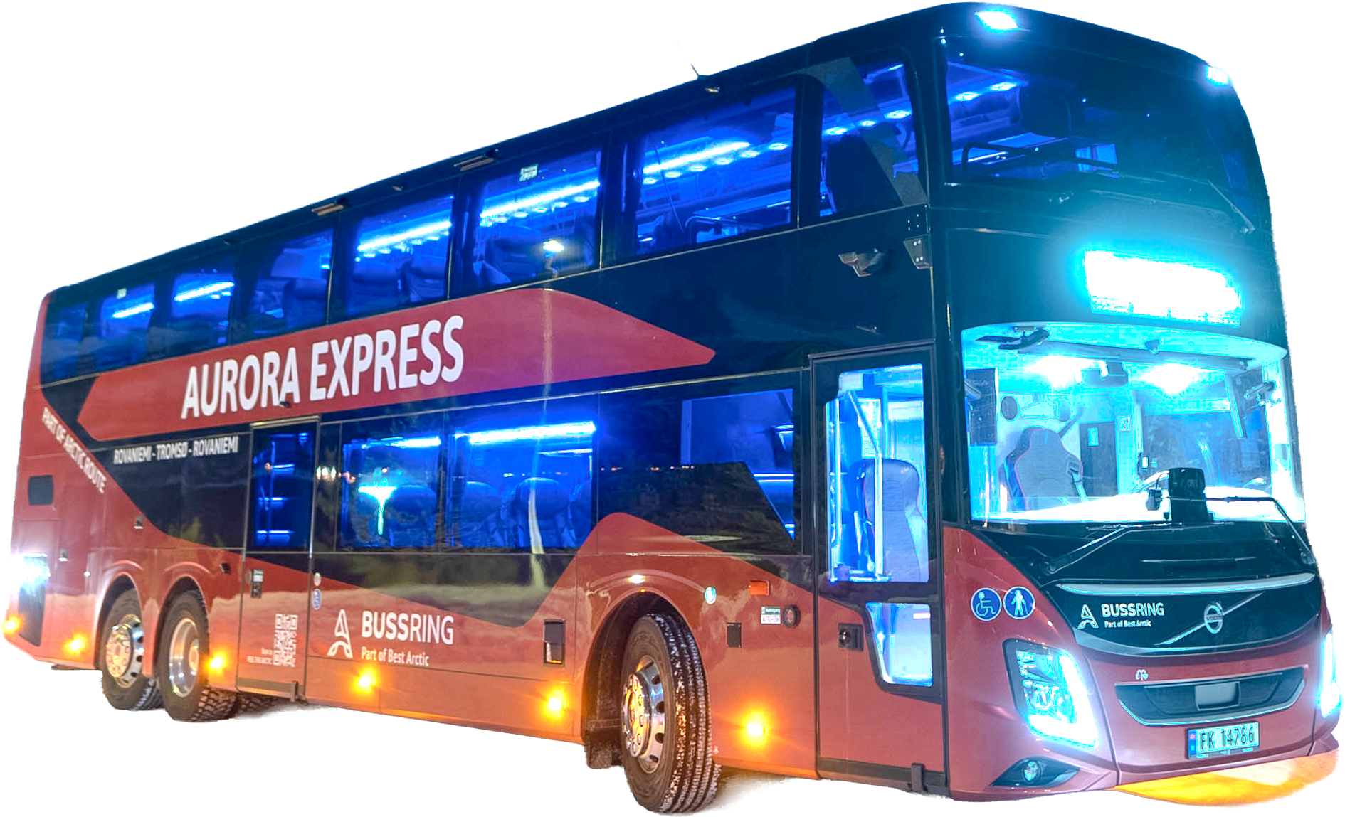 Outside of the Aurora Express double-deck red bus from Best Arctic