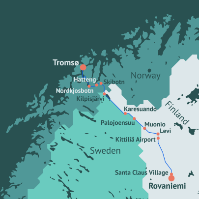 The Arctic route winter bus Overview of route and stops between Tromsø and Rovaniemi